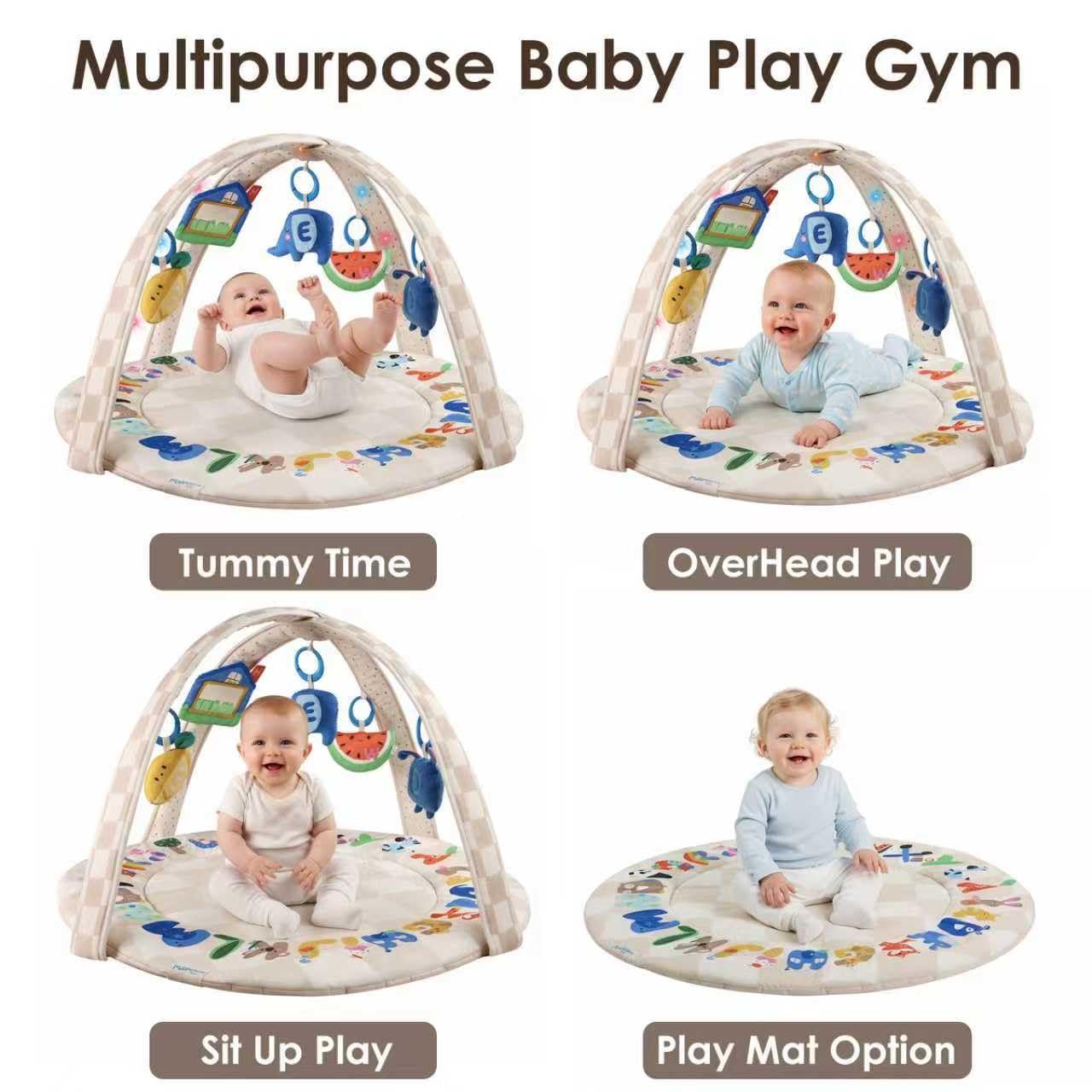 Baby Play Gym & Activity Mat with Light-up Musical Arch, Washable Tummy Time Mat with 6 Detachable Sensory Toys for Motor Skills, Baby Essentials Shower Gift - ABC123