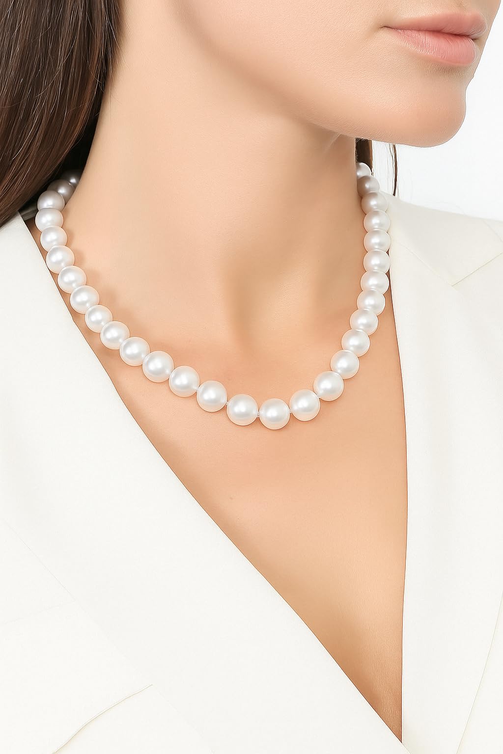 HUWODY Round White Simulated Shell Pearl Necklace Strand 10mm Pearl Choker Necklace Jewelry for Women 18inch