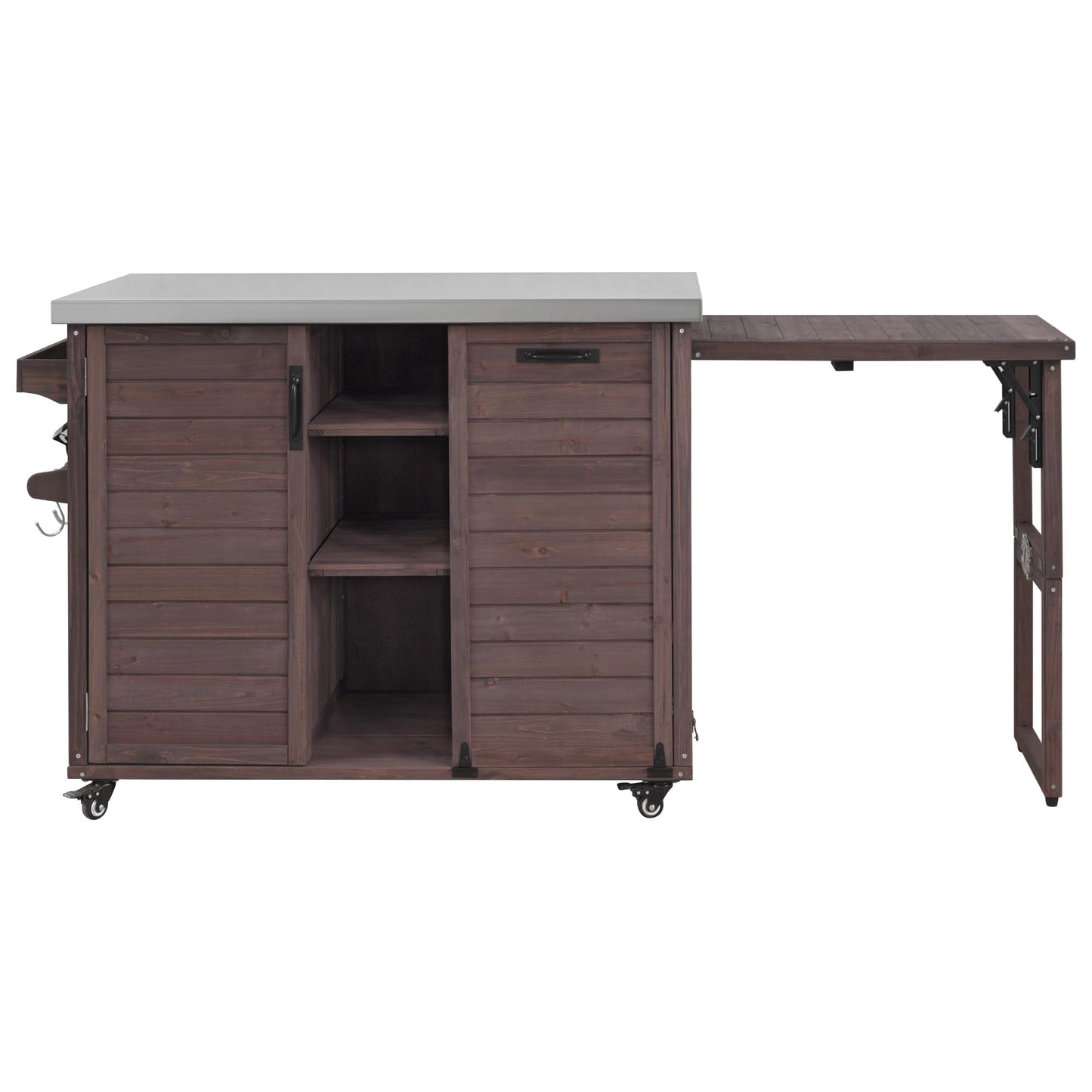 Merax 78.3" Outdoor Kitchen Island with Foldable Grill Table, Solid Wood Grill Cart with Storage & Stainless Steel Top, Bar Cart for Lawn & Garden, Dark Brown