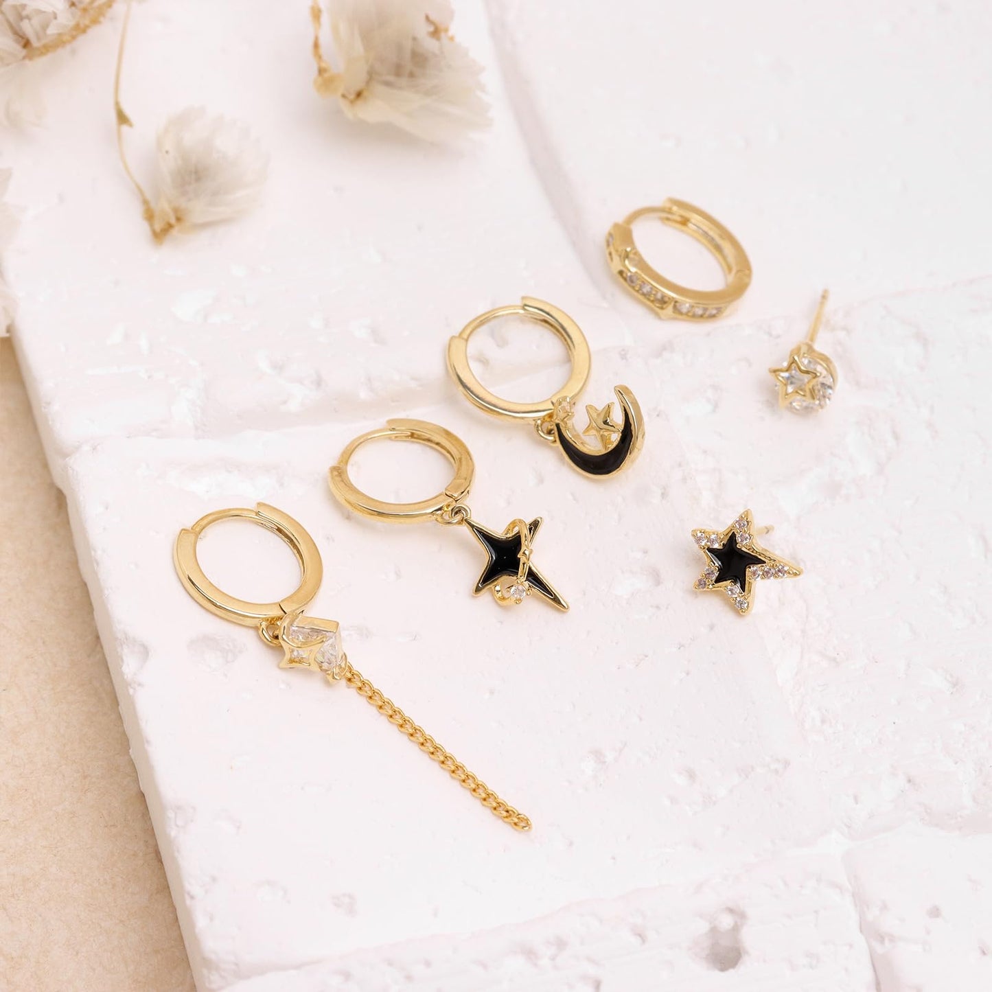 Frigotine 3PCS Gold Star Hoop Stud Earrings Stack Set for Women, Dainty Rhinestone Star Black Enamel Moon Planet Tassels Multiple Piercing Cartilage Prom Fashion Jewelry Gift