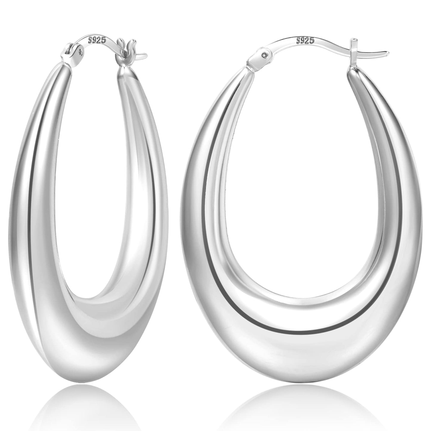 PABBEU Sterling Silver Chunky Oval Hoop Earring, 38mm, 925 Metal Type, Hypoallergenic, for Women