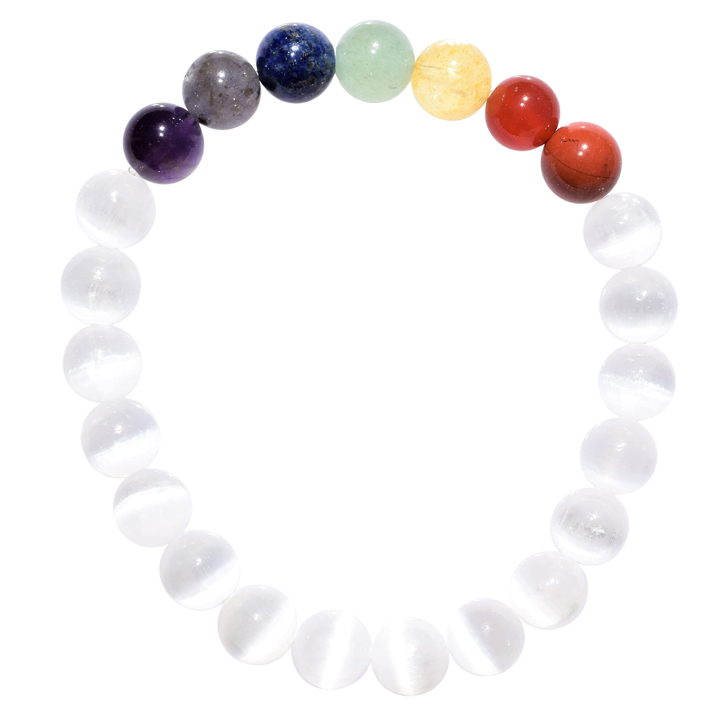 Zenergy Gems Charged Premium Natural 7 Chakra Selenite Crystal 8mm Bead Bracelet + Moroccan Selenite Charging Crystal [Included]