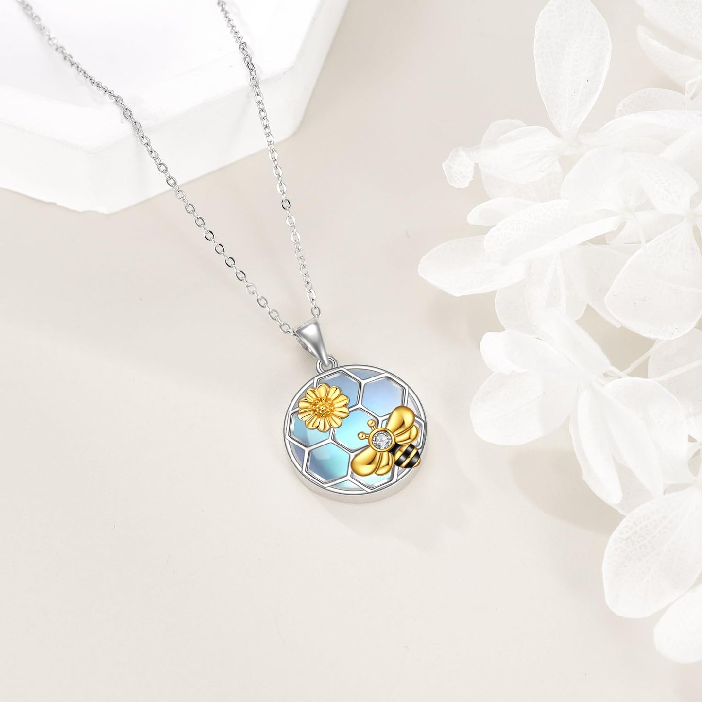 LUHE Bee Necklace 925 Sterling Silver Moonstone Necklace Honeycomb Cute Flower Pendant Necklaces for Women Christmas Gifts for Her Women