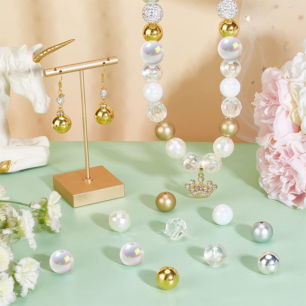 PH PandaHall 102PCS Crystal Bubblegum Beads, 16mm Clear Silver Gold Chunk Bead Acrylic Large Rhinestone Pearl Beads Shiny Round Focal Spacer Bead for Necklace Key Chain Bag