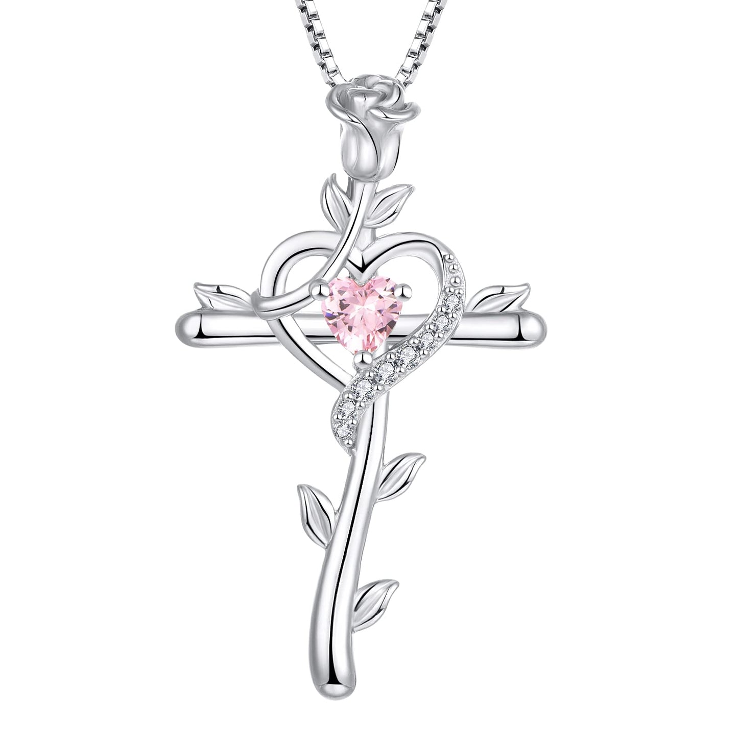 STARCHENIE Rose Cross Necklace 925 Sterling Silver Heart Crucifix Pendant Created Pink Tourmaline Jewelry for Women