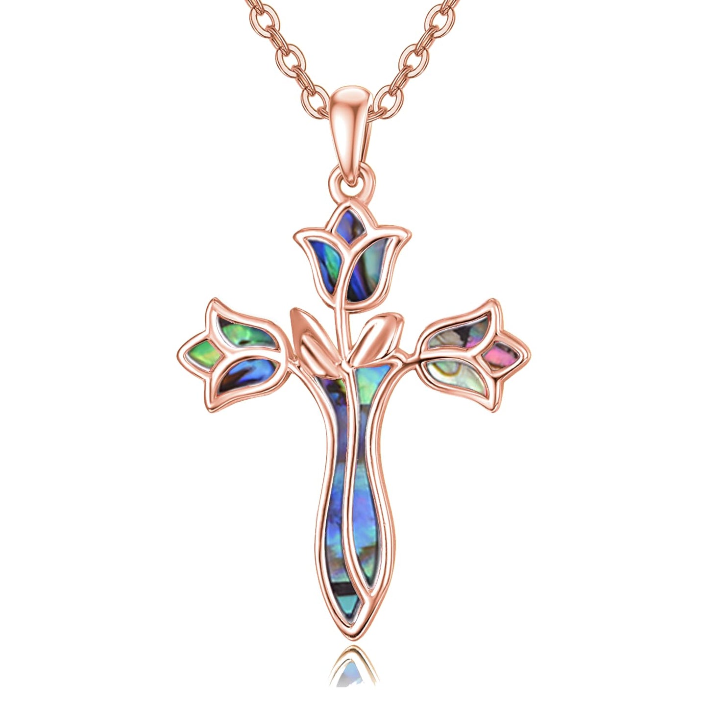Dreamboat Rose Gold Plated Cross Necklace for Women Sterling Silver Cross Pendant Christian Necklace Tulip Abalone Shell Faith Confirmation Gifts Religious Jewelry for Mom