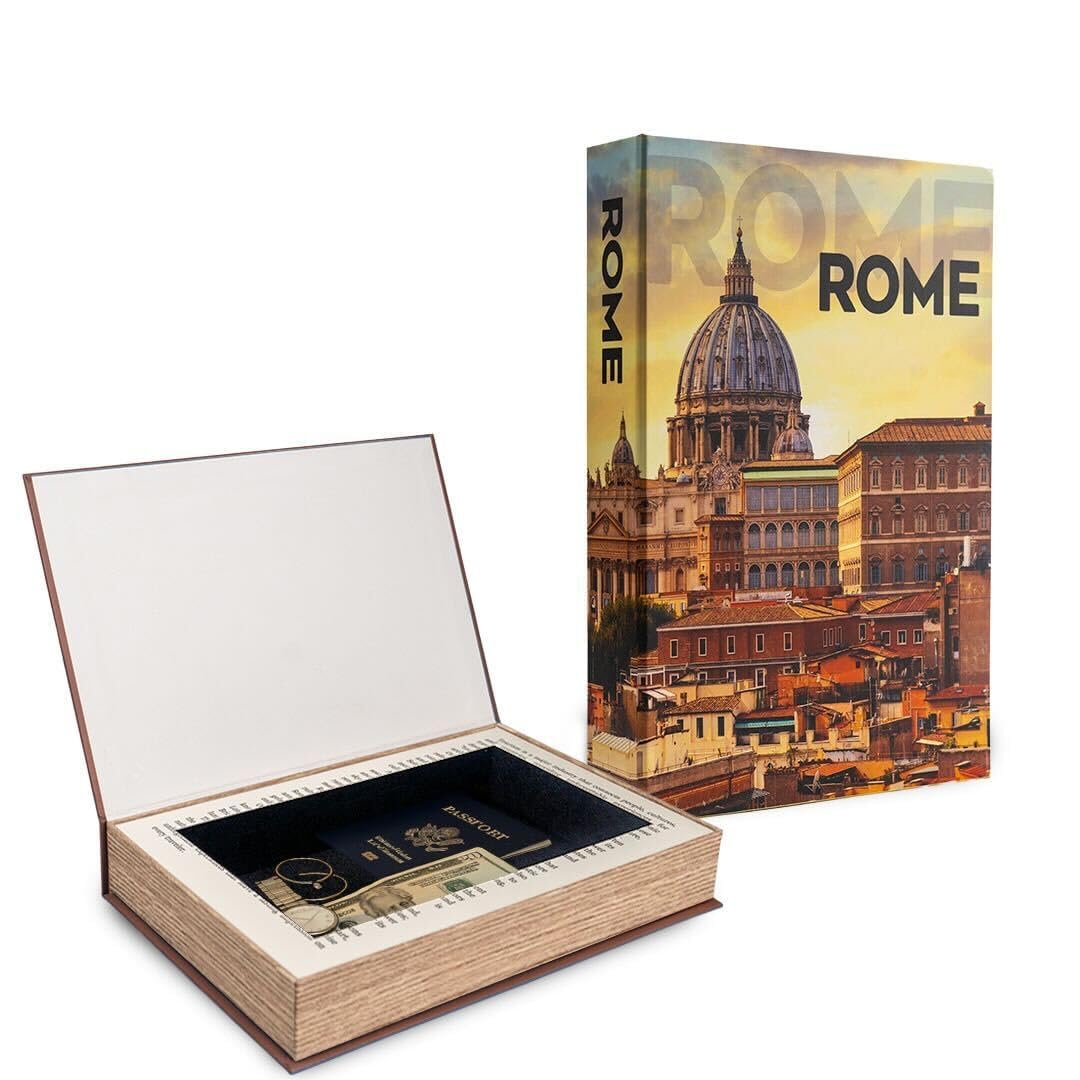 Velenza Rome Storage Book Box – Faux Books with Velvet-Lined Faux Book Storage Box Set for Keepsakes – Stylish and Functional Fake Decor Books – Travel-Inspired Home Décor (12 x 8 x 1.5 in)