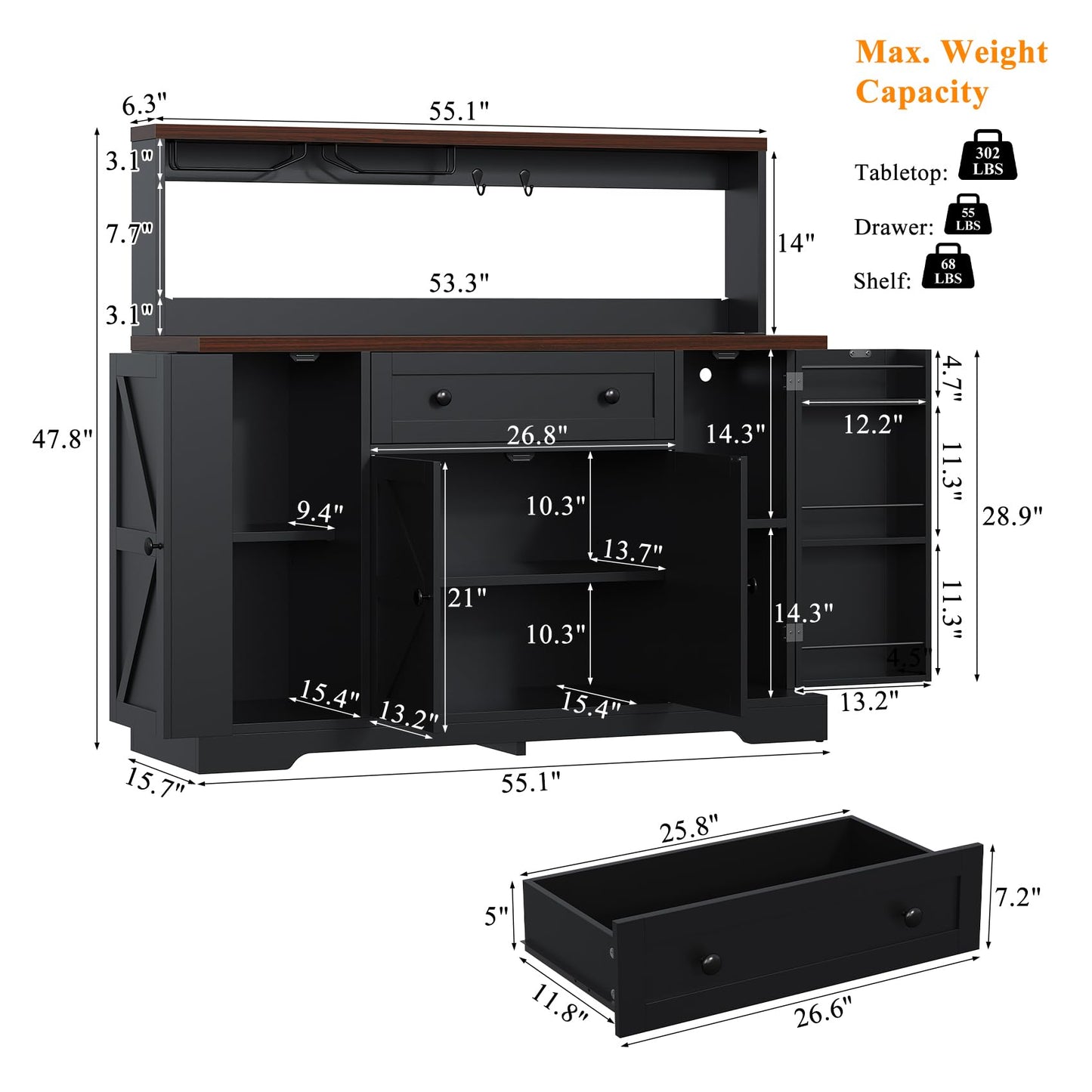 VVFLU Hutch Storage Buffet Cabinet with Drawers, and Charging Station, Coffee Bar Cabinet with Barn Doors, Wine Rack and Hooks, White Wood Sideboard Buffet for Kitchen, Dining Room, 47.8" High