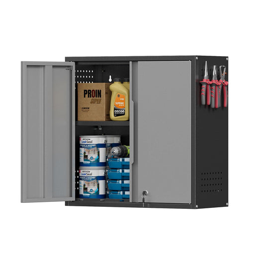 Garage Wall Cabinet, Metal Garage Cabinets with 2 Doors and Adjustable Shelf, Lockable Floating Tool Cabinet with Pegboard, Black Steel Wall Mounted Tool Cabinets for Kitchen,Office,Laundry,Warehouse