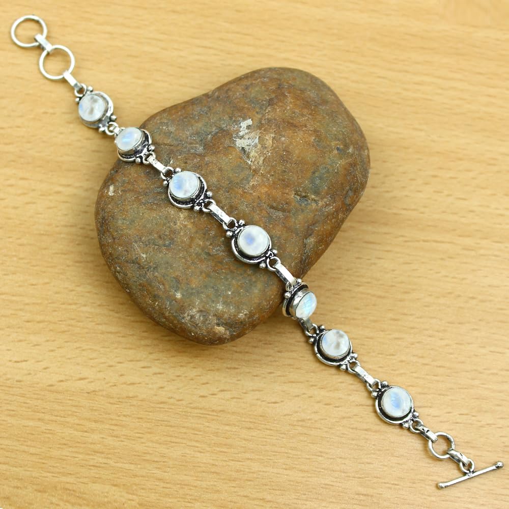 Natural Moonstone 925 Silver Plated Round Gemstone Link Bracelet for Women - White Stone June Birthstone Vintage Style Adjustable Bracelet - Handmade Gifts for Mom Wife Sister Her