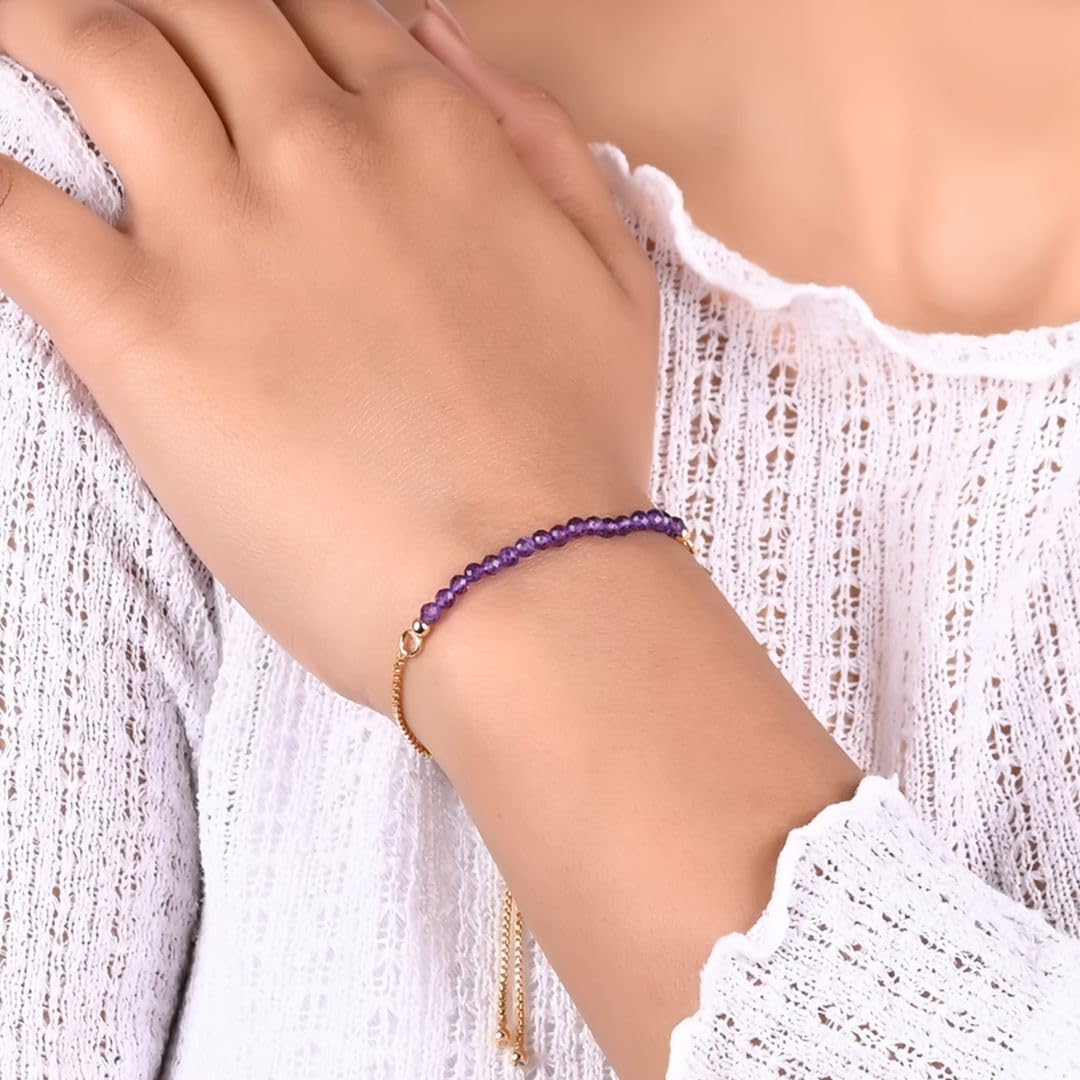 Gempires February Birthstone Jewelry for Women, Birthstone Beaded Bracelet, Amethyst Bracelet, Bolo Beads Bracelet, 14k Gold Plated Chain (6-9 inch Adjustable Length)
