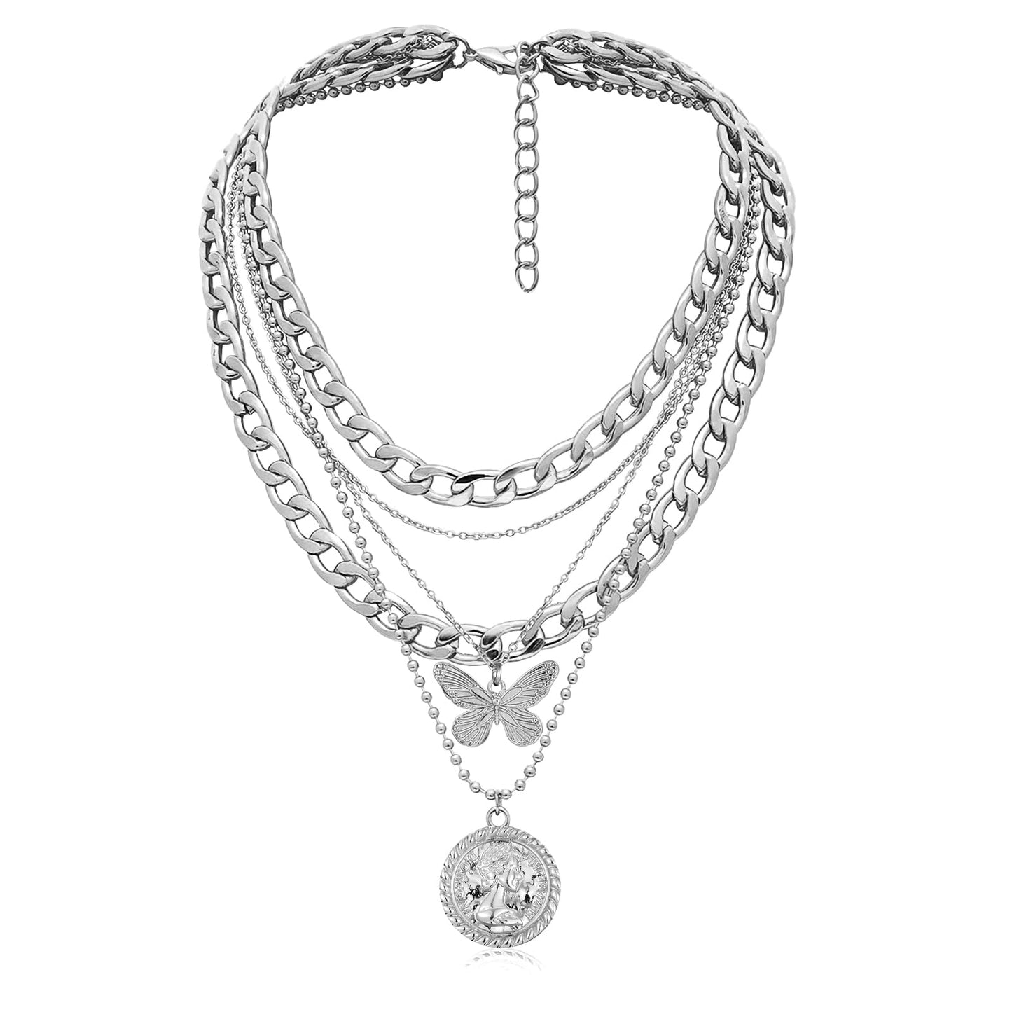 MJartoria Gold Layered Necklaces for Women Trendy Retro Coin Pendant Necklace Dainty Chunky Chain Choker Necklaces for Jewelry Birthday Gifts (Silver, A-X-Butterfly-5 in 1 Layered)