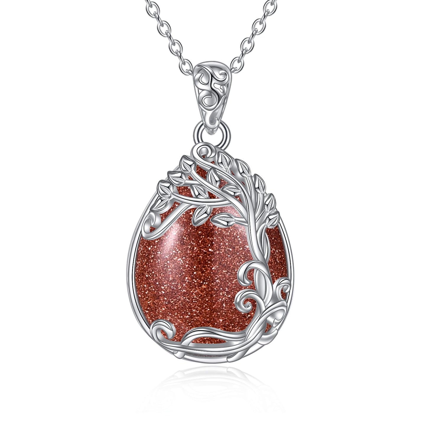 YAFEINI 925 Sterling Silver Gold Sand Stone Necklace Tree of Life Teardrop Pendant Necklace Jewelry for Women (JJ-Tree of Life Gold Sand Stone Necklace)