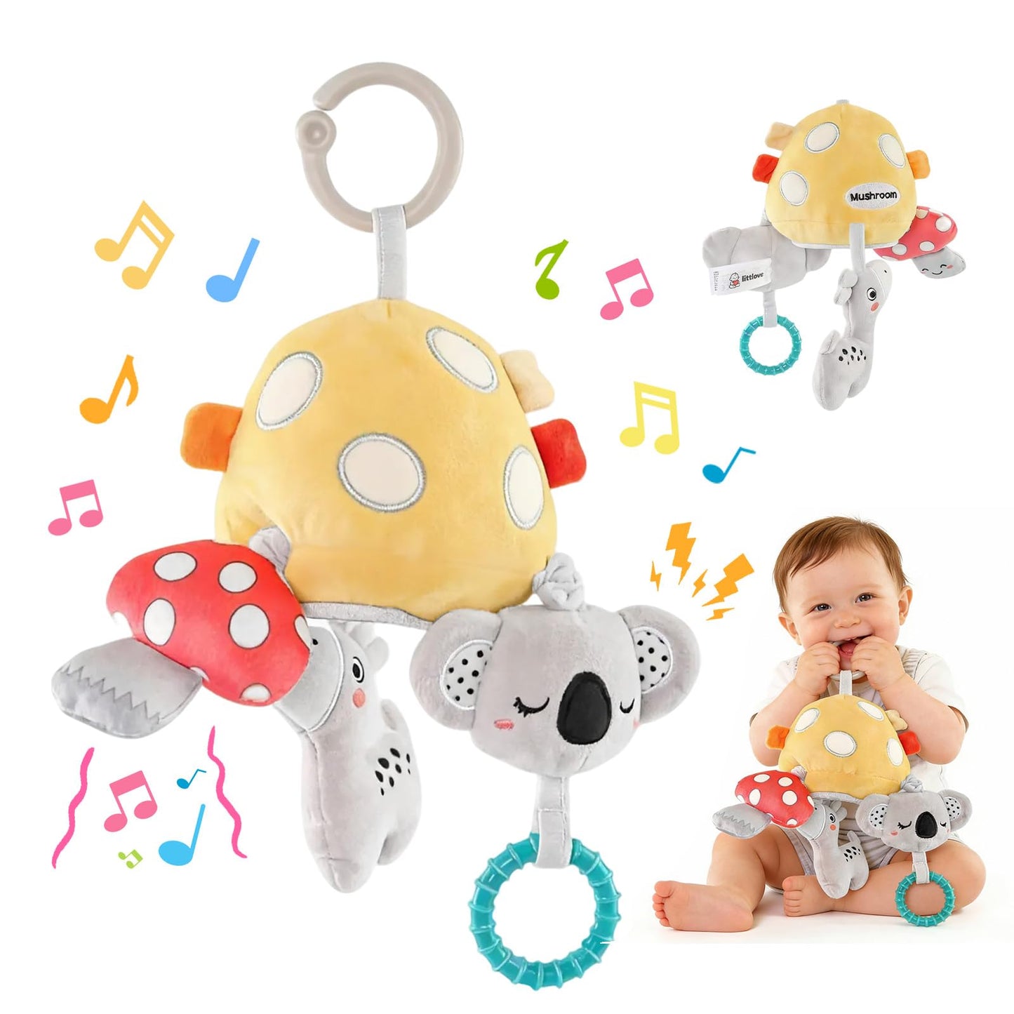 littlove Musical Baby Pull Vibration Toy for Car Seat 6-12 Months, Travel Sensory Toy 3 Months, Montessori Plush Toys for Roadtrip with Crinkle Textures Flutter Squeaky Mirror Newborn Infant Gift