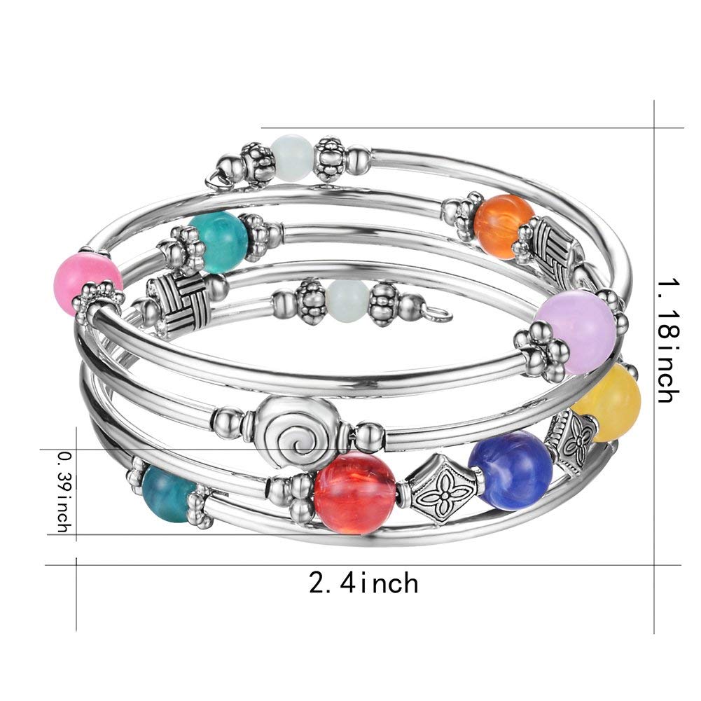 Beaded Pearl Bangle Wrap Bracelet - Fashion Bohemian Jewelry Multilayer Charm Bracelet with Thick Silver Metal Beads, Gift For Women(Colorful)
