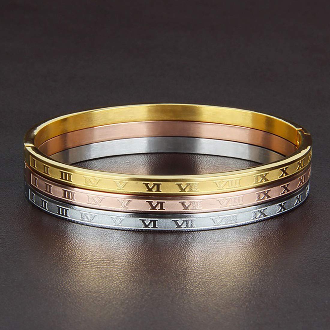 Jarlinwel Gold Silver Plated Bracelets for Men Women Roman Numeral Bangle Bracelet Stainless Steel Personalized Engraved Unisex Gift (4mm Womens 3 Color Set)