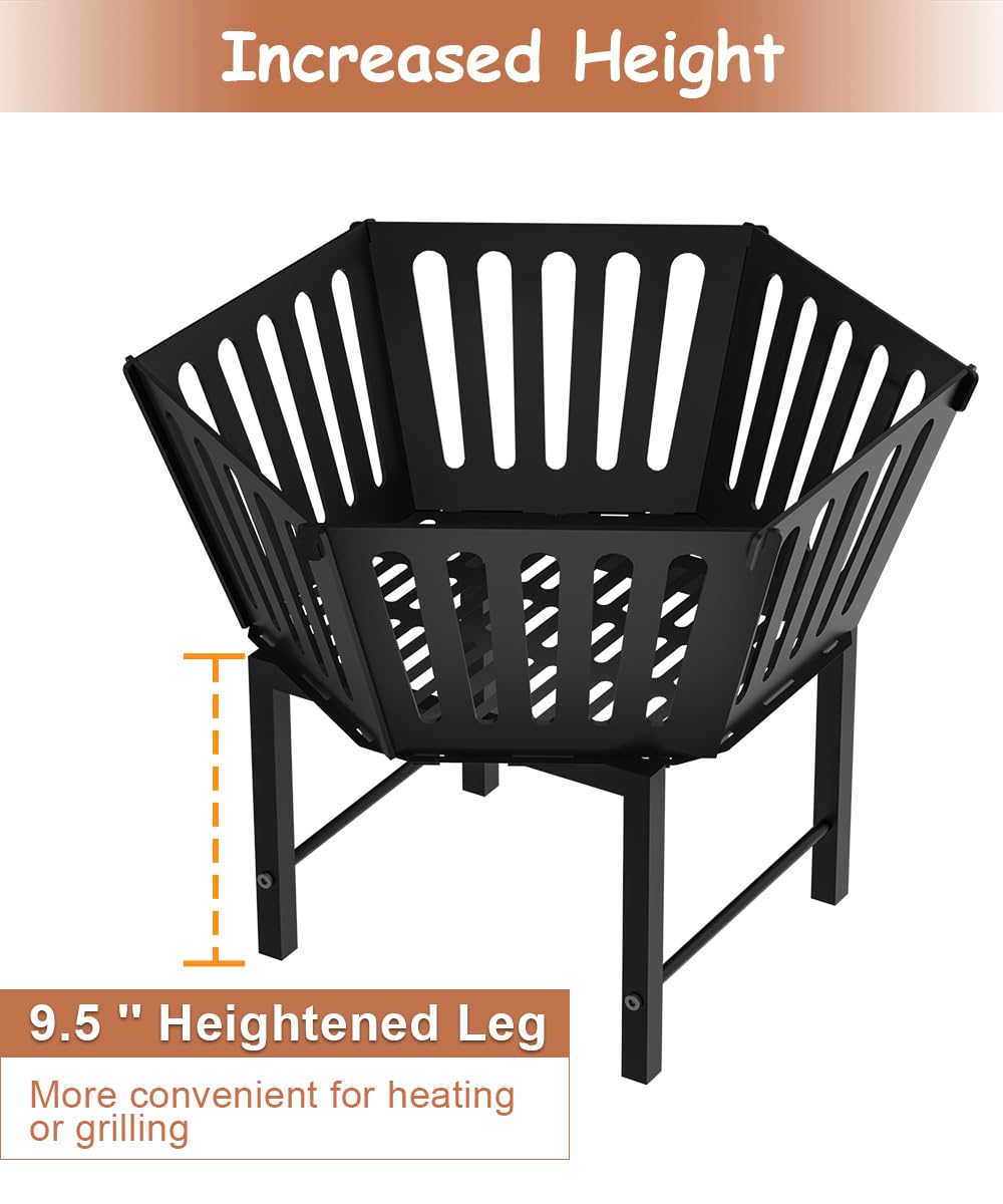 Waaliji 22.5 Inch Portable Hexagon Fire Pit with Travel Bag — Heightened Smokeless Design Outdoor Wood Burning Fire Pit for Camping, Backyard, Patio, Bonfire, Picnic and BBQ, Vertical Hollow Style