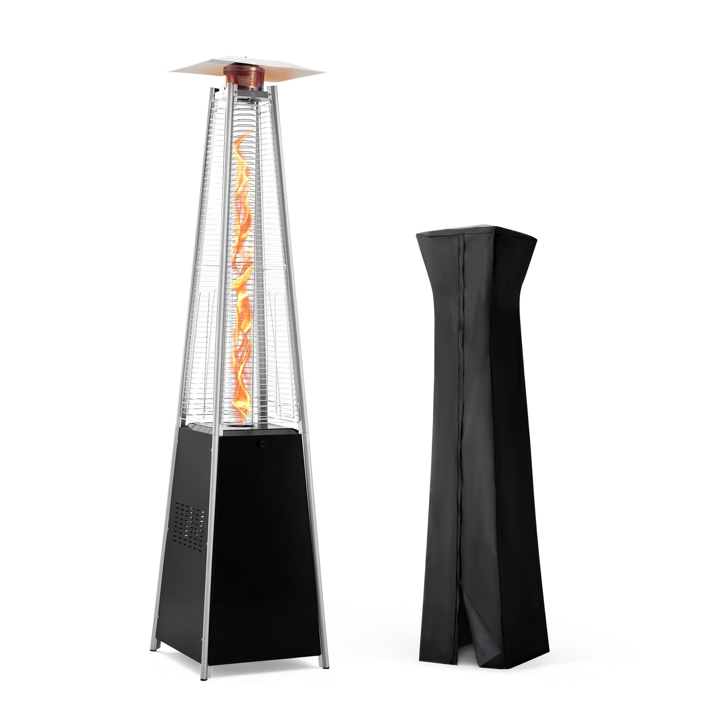 PATIOPIA 48,000 BTU Flame Pyramid Pool Heater With Cover, Triple Safety Protection Portable Patio Heater with Patio Cover, Warm Glass Tube with Durable Wheels-Black