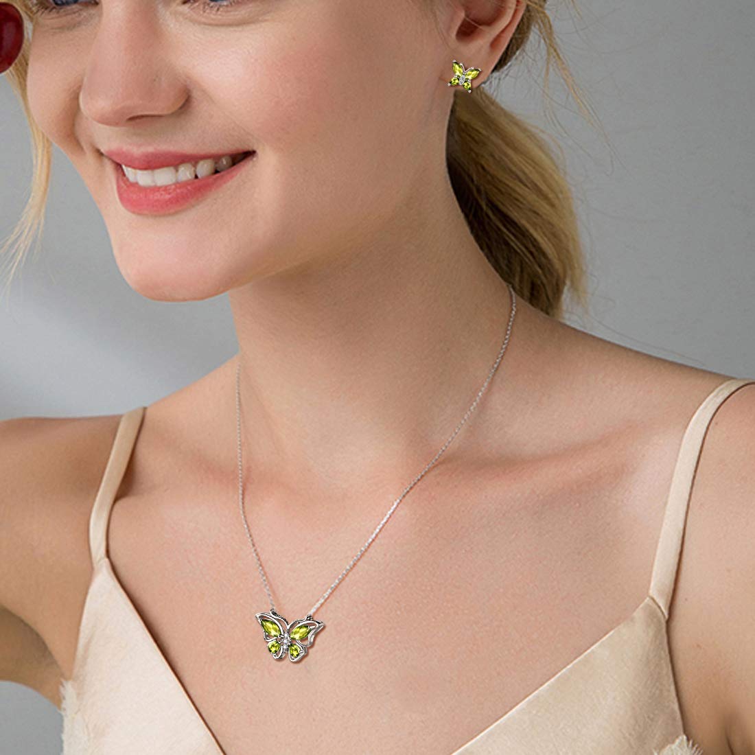 Hipunk Butterfly Green Jewelry Sets Birthstone Women 925 Sterling Silver August-Peridot Birth Stone Animal Butterflies Jewelry Sets/Earring Set Crystal Birthday Jewelry SS0001A