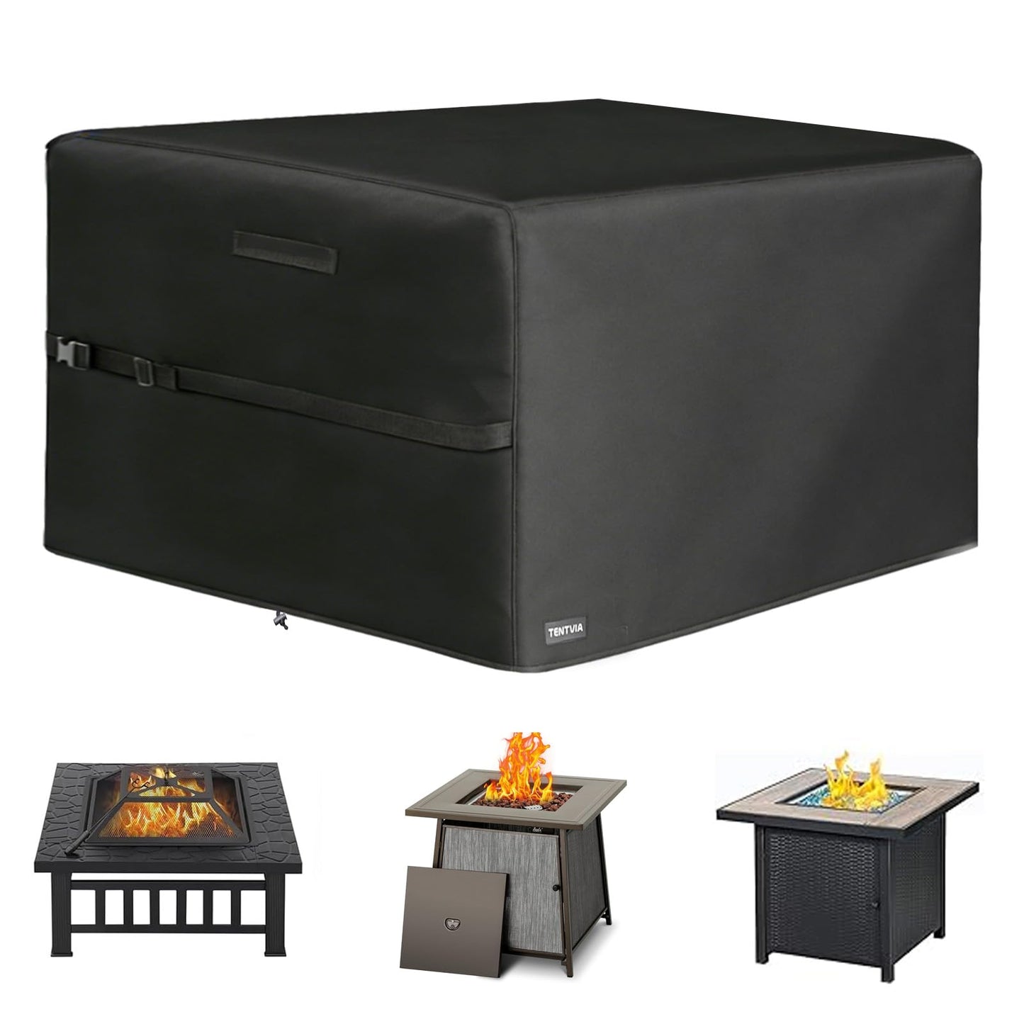 TENTVIA Square Fire Pit Cover 32x32x24 Inch - Heavy-Duty Taped Seam Waterproof, Windproof Drawstring & Buckle Strap, Black