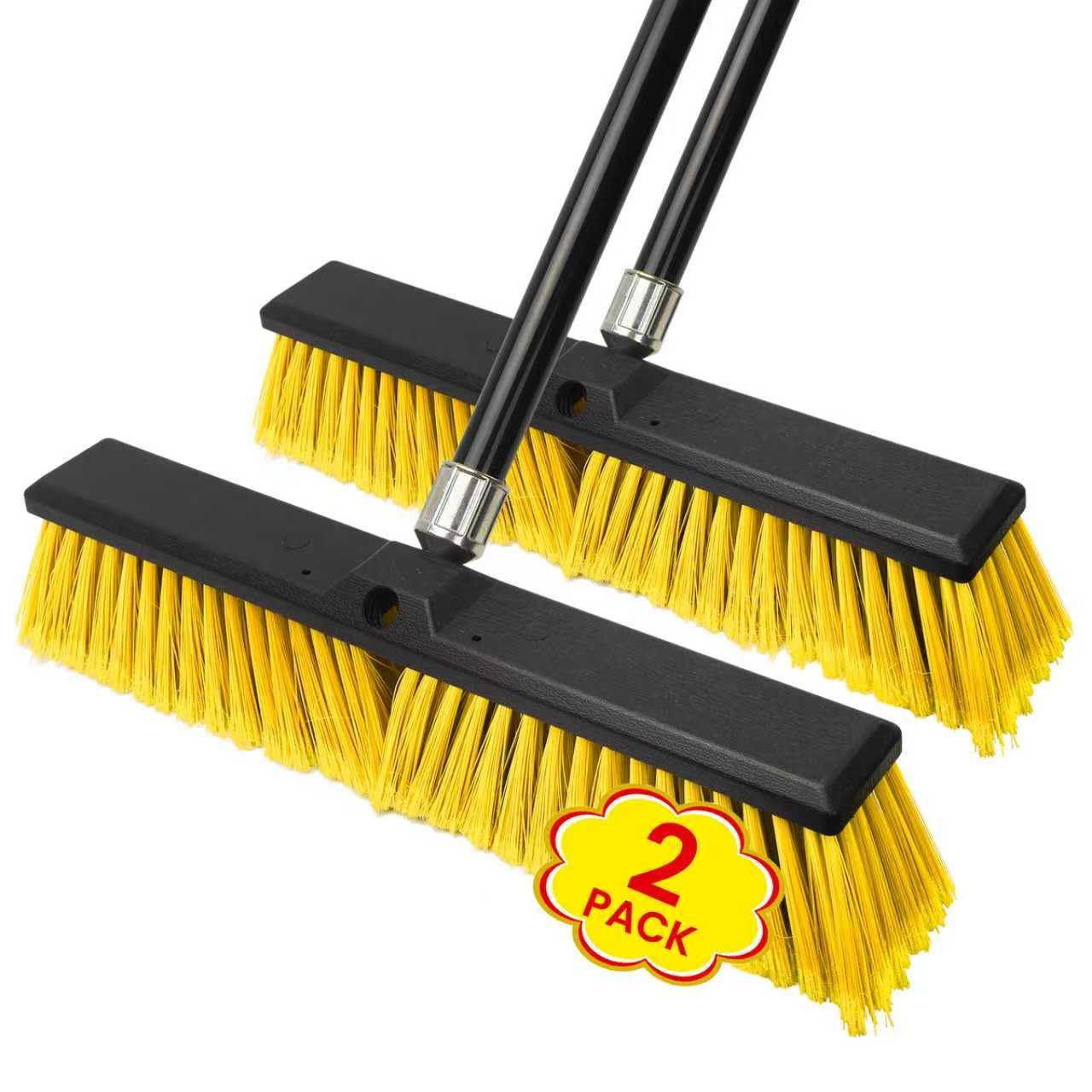 TOMAIX 18 Inches Push Broom Outdoor，Commercial Broom Brush，Stiff Bristle Brush with 61.8 inches Long Handle for Patio Garage Deck Street Shop Warehouse Lawn Driveway -2 Pack