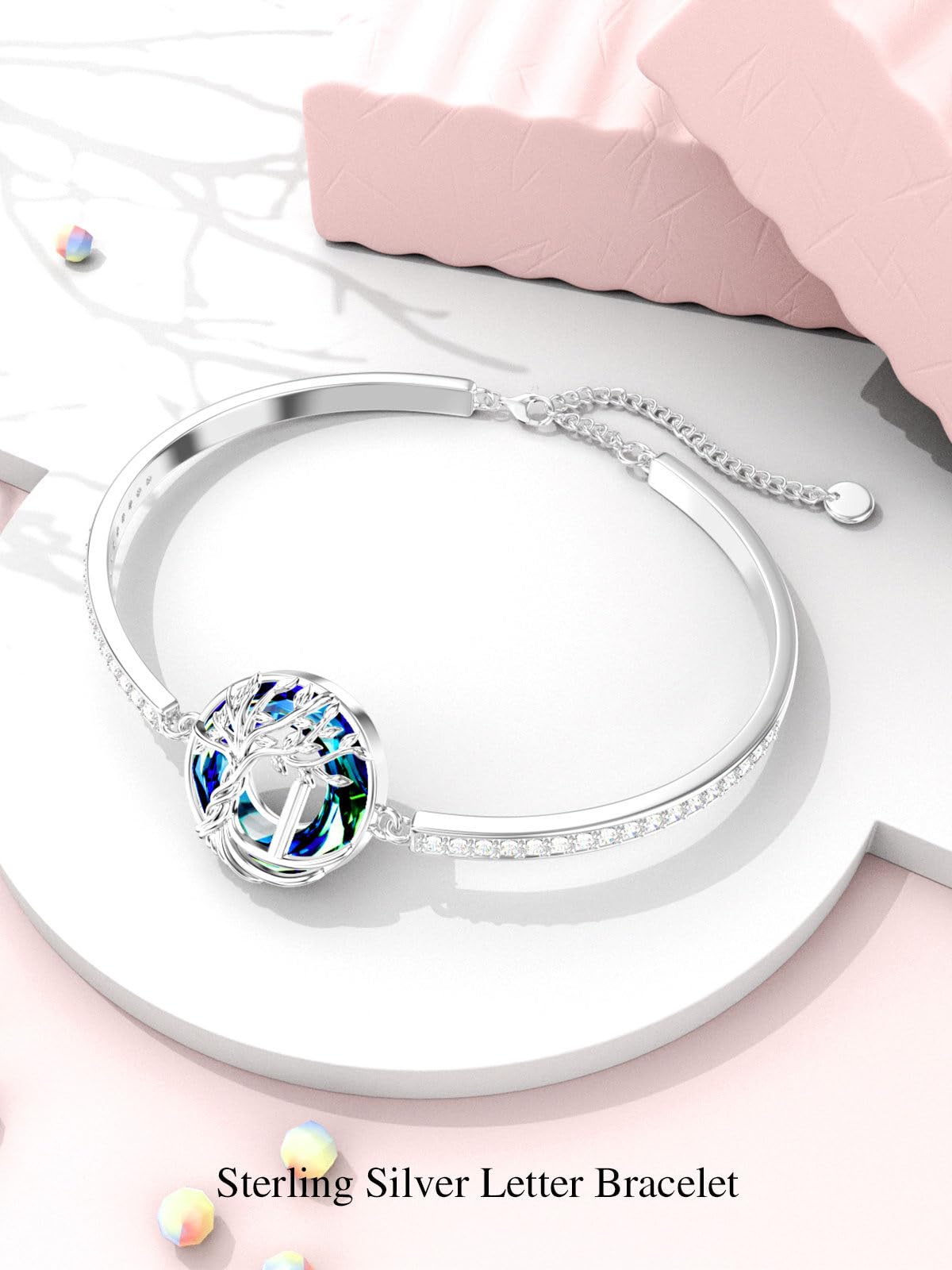 TOUPOP Tree of Life Bracelet Sterling Silver Initial I Letter Bangle Bracelet Family Tree Blue Crystal Jewelry Mothers Day Birthday Gifts for Women Mom Wife