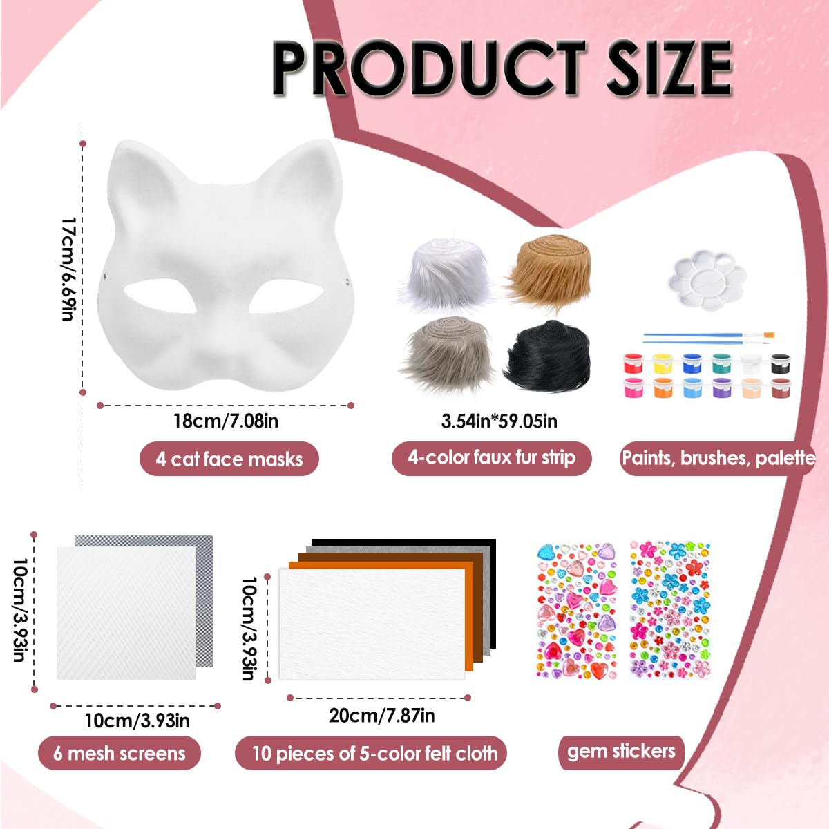 Bayurht Therian Masks Kit—DIY Cat Fox Furry Mask Craft Set, Paintable Animal Costume Furry Mask with Felt Fur, Eye Meshes & Gem Stickers for Halloween, Cosplay, Party