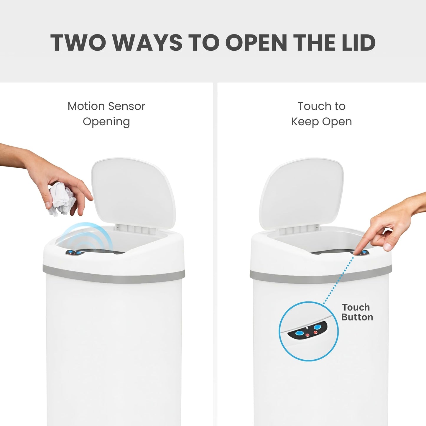 iTouchless 13 Gallon Oval Motion Sensor Garbage Container with Odor Filter, 50L Touchless Stainless Steel Kitchen Bin, Smart Automatic Lid, Fingerprint-Proof, Soft-Close, Brilliant White