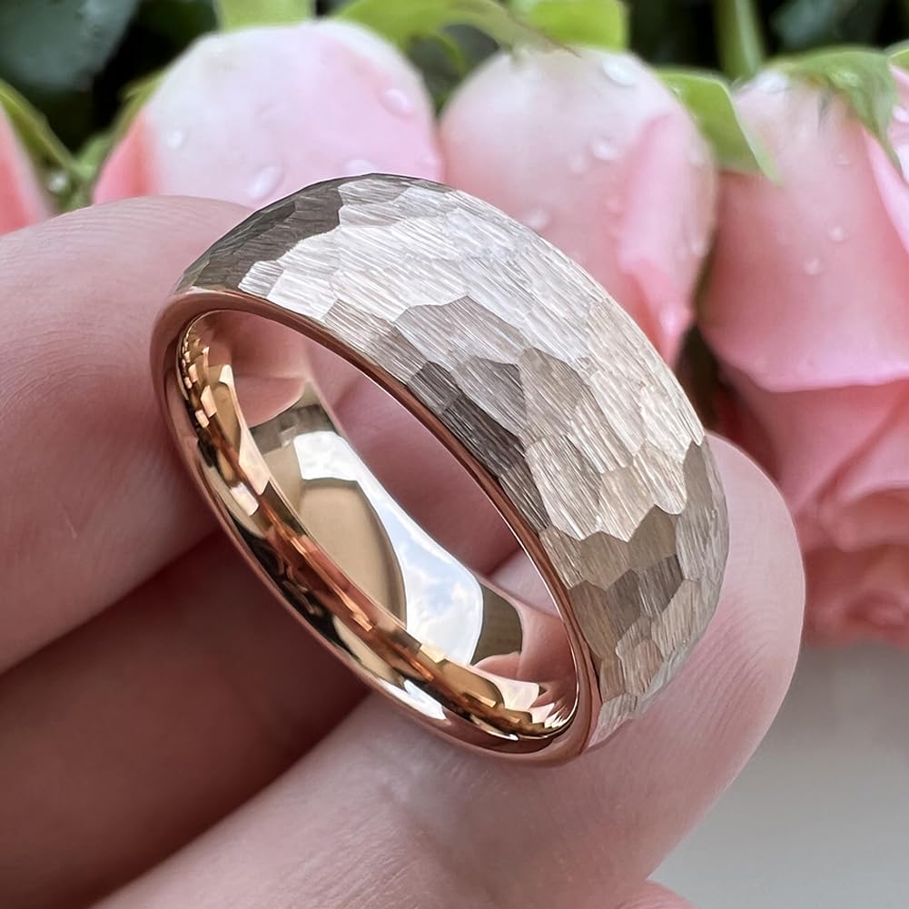 TUTISS 8mm Rose Gold Hammered Tungsten Rings for Men Women Engagement Wedding Bands Domed Matte Finish Comfort Fit Size 7