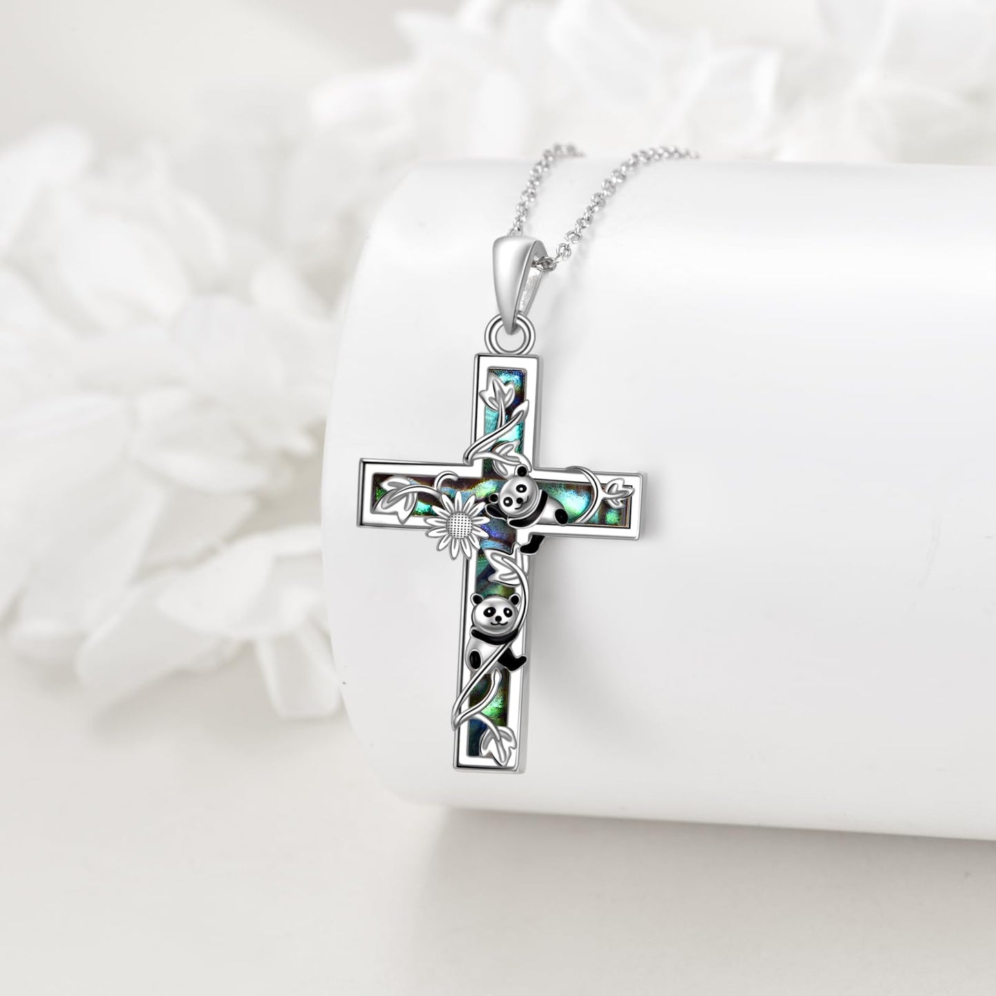 YFN Sunflower Cross Necklace Sterling Silver Panda Cross Pendant Abalone Shell Jewelry Religious Christian Baptism Gifts for Her Women