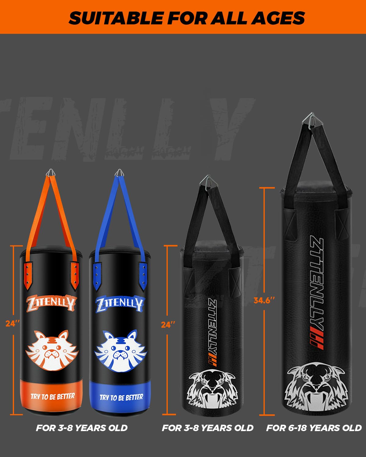 ZTTENLLY Kids Punching Bag with Gloves - PU Leather & Adjustable Height Strap - Boxing Bag Set for 3-8 Years Kids Great for Boxing, MMA, Kickboxing （Unfilled）