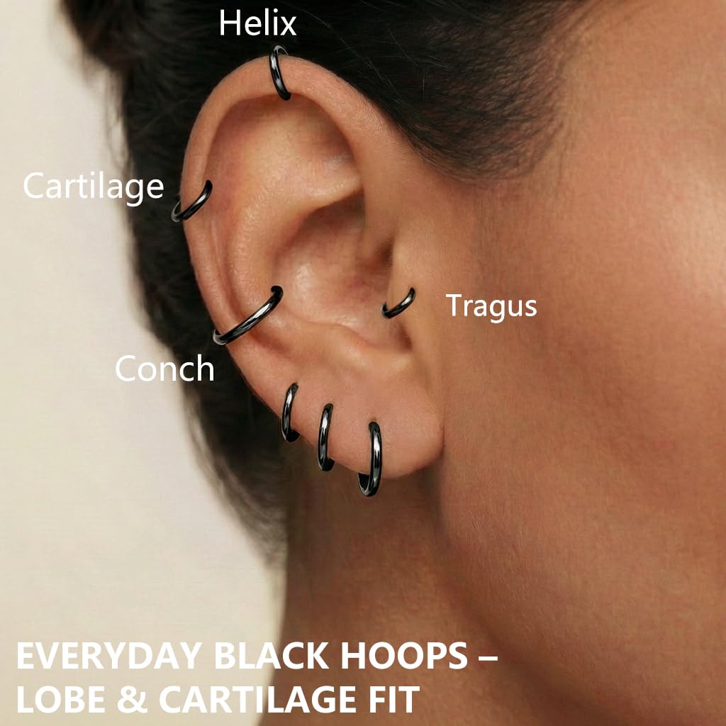 Gokeey Small Gold Huggie Hoop Earrings Set for Women 14K Real Gold Plated Hypoallergenic Lightweight Earrings for Sensitive Ears Everyday Earrings for Cartilage Piercings (10mm/10mm/10mm/10mm, Black)