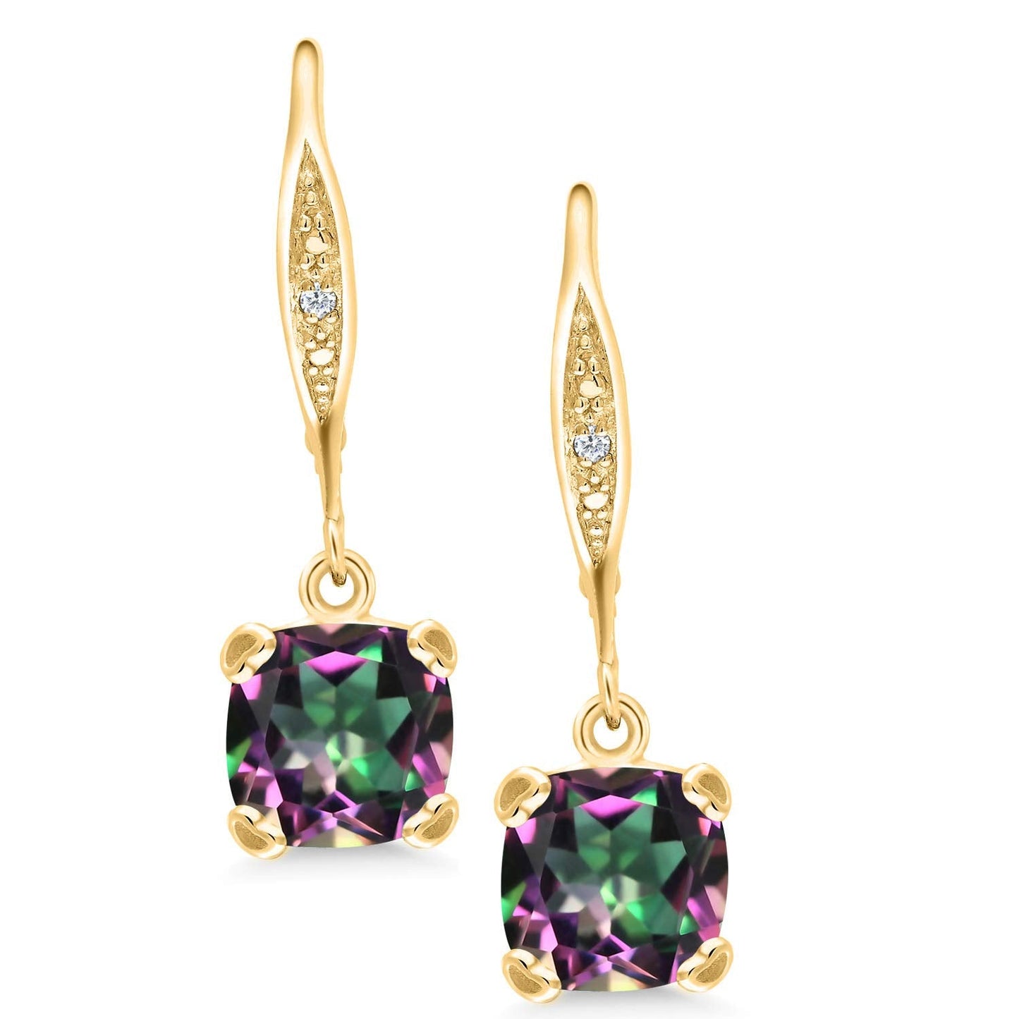 Gem Stone King Drop Dangle Earrings For Women | 7MM Cushion Cut Gemstone Birthstone and Diamond | 925 Sterling Silver | Jewelry Gift for Mom Wife Her | Green Mystic Topaz | Yellow Gold