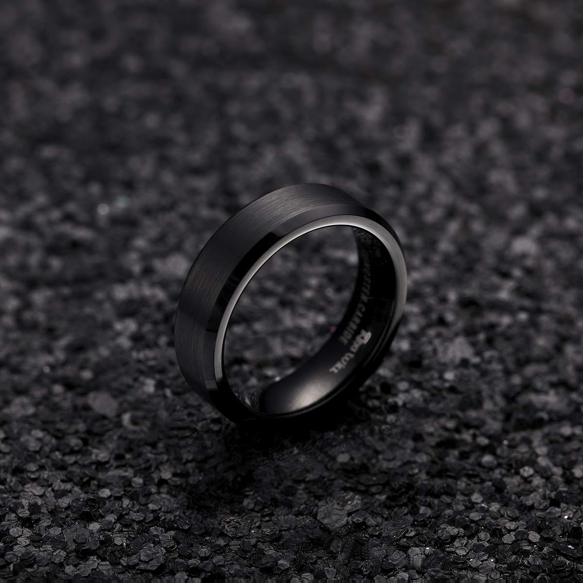 King Will 6mm Men's Black Wedding Ring - Brushed Matte Surface, Beveled Polished Edge, Comfort Fit Size 4