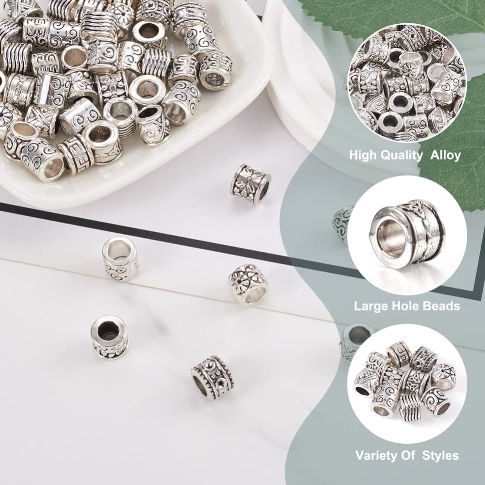 Cheriswelry 100Pcs Alloy Large Hole Spacer Beads Tibetan Column Beads Antique Silver European Beads Metal Spacers 8-10mm for Hair Crafts DIY Snake Chain Bracelet Jewelry Making Supplies