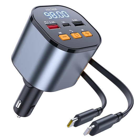 [2025 Upgraded] 81W Retractable PD Car Charger with Bluetooth 5.3, FM Transmitter, Hands-Free Calling, MP3 Player, USB & LED Display – USB-C Bluetooth Adapter for All Phones
