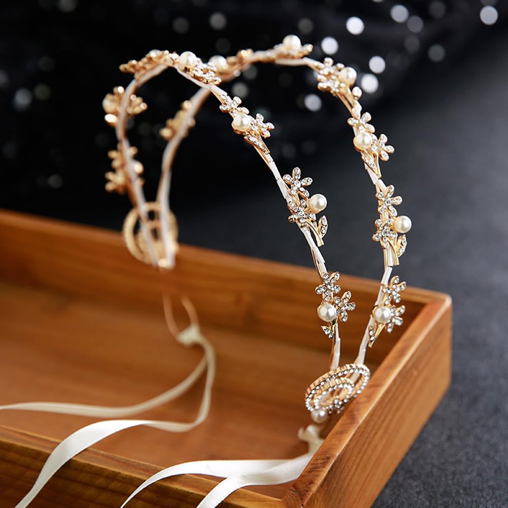 Efficewery Boho Floral Crown for Women– Adjustable Faux Silk Flower Headband, Handmade Wedding Hair Accessory for Festivals & Photoshoots, Flower Hair Crown for Women (Gold Flower Pearl, Adjustable)