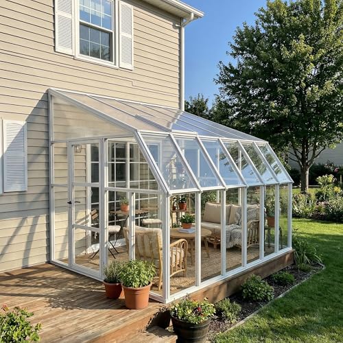 Palram Canopia Rion Sun Room 8 Ft. x 12 Ft. Solarium, Lean-To Greenhouse DIY Kit, Attach to House, Large Twin Wall Polycarbonate, 100% UV Protection For Porch, Patio Outdoors with Window Vent (White)