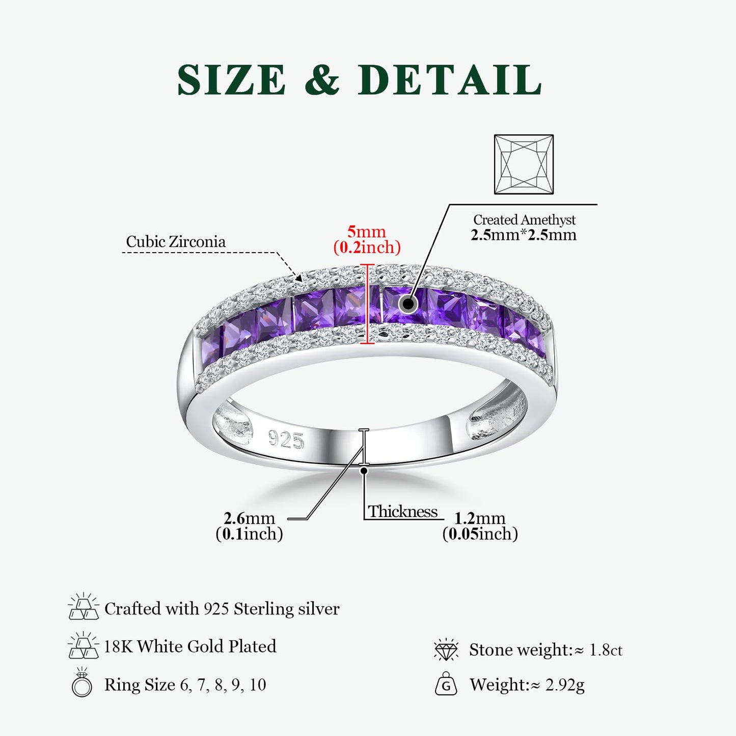 RANDES Amethyst Purple Ring February Birthstone Ring Sterling Silver Band Rings for Women Princess Cut Eternity Band Size 10