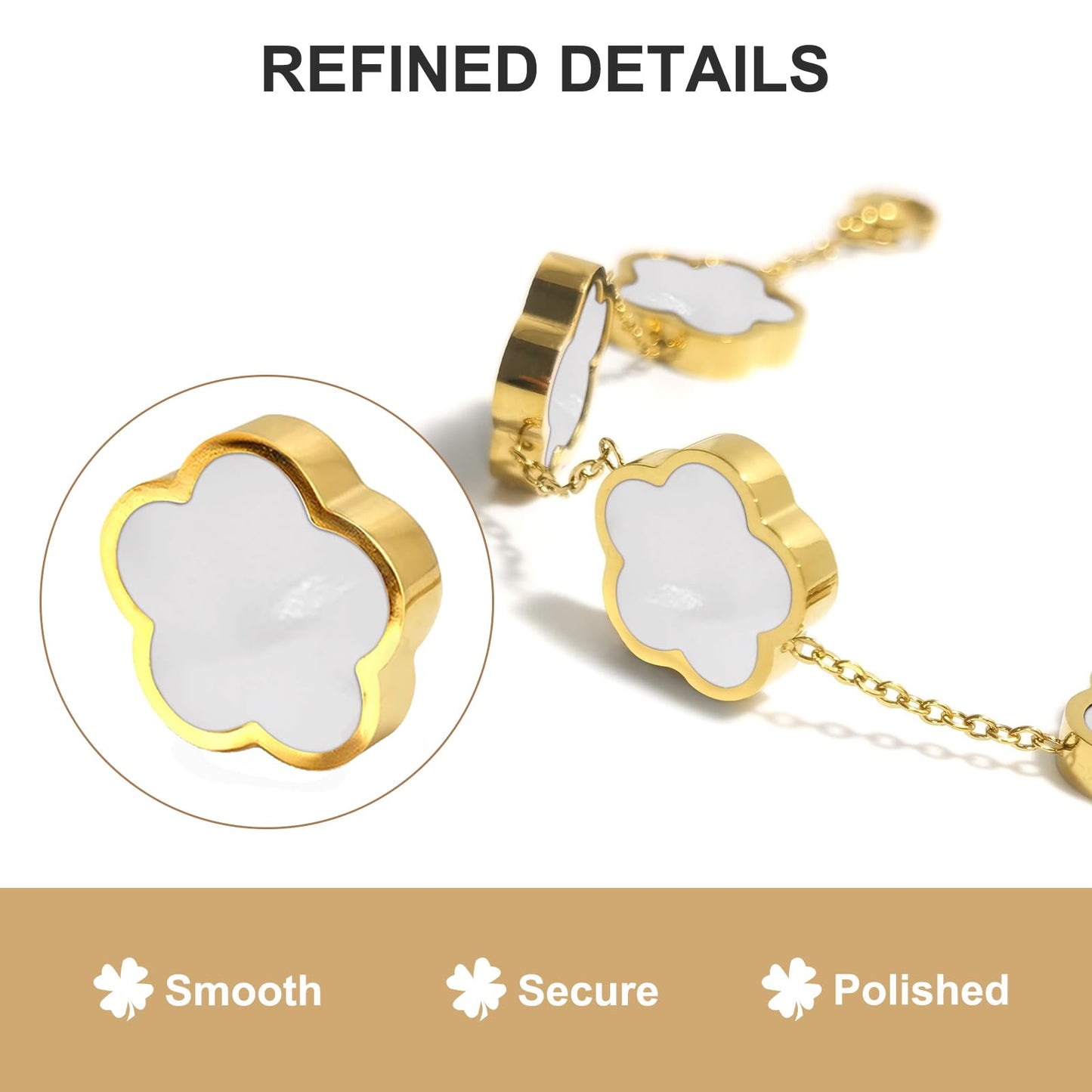Eclatienne Four Leaf Clover Bracelet for Women – 18K Gold Plated Stainless Steel Lucky Bracelet, Adjustable 4 Leaf Charm Jewelry Gift (White Floral)