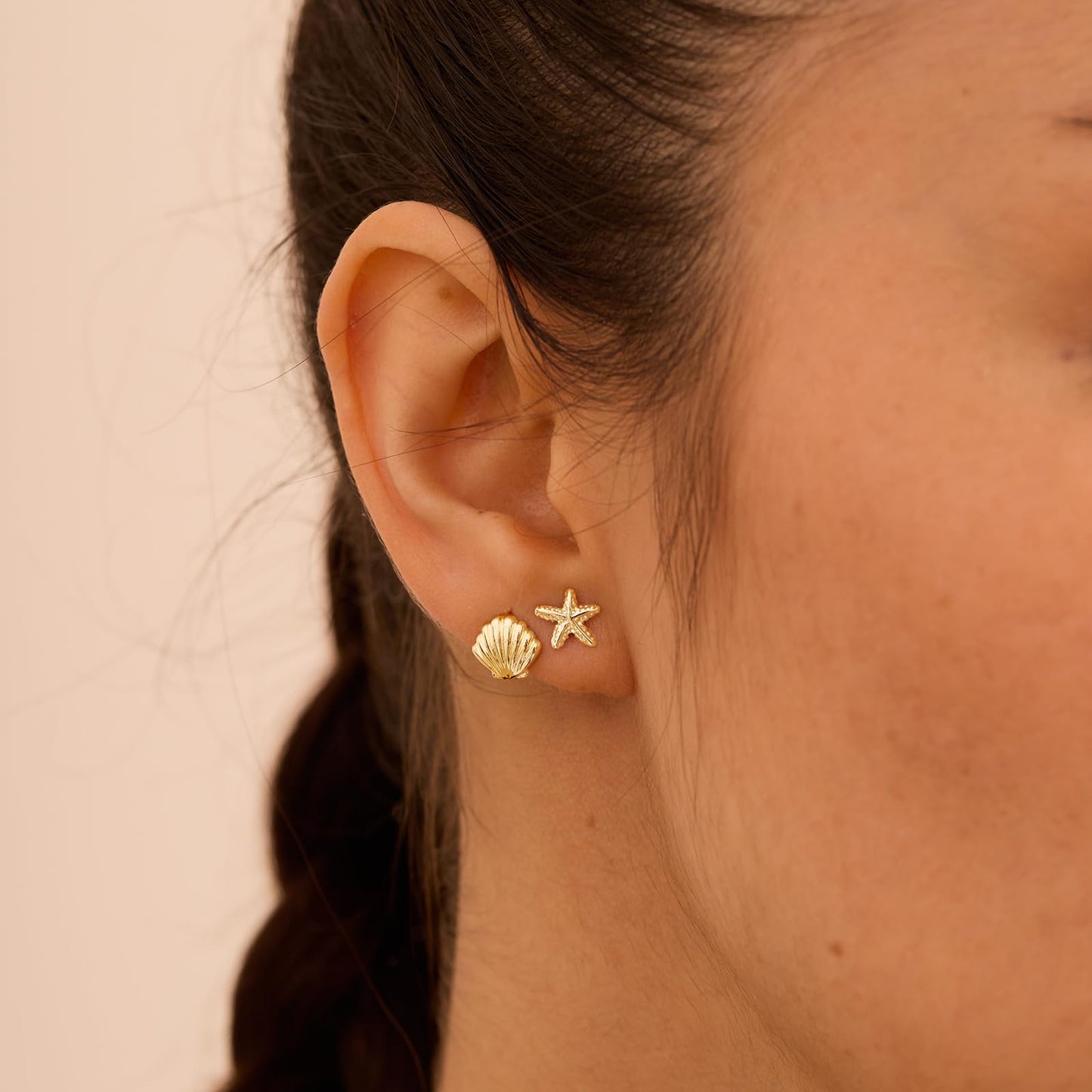 Plenky Gold Earrings for Women - 2 Pairs 14K Gold Plated Small Starfish and Shell Stud Earrings Set Beachy Jewelry for Women Gifts