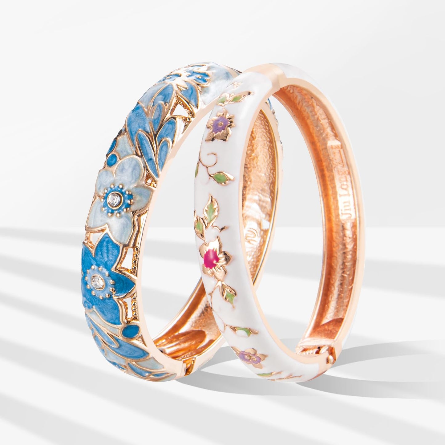 UJOY Bracelet Cloisonne Jewelry Fashion Opening Hinged Bangles Crafted Blue Colored Enamel Flower Gifts for Women 88A11-55A82 Blue White