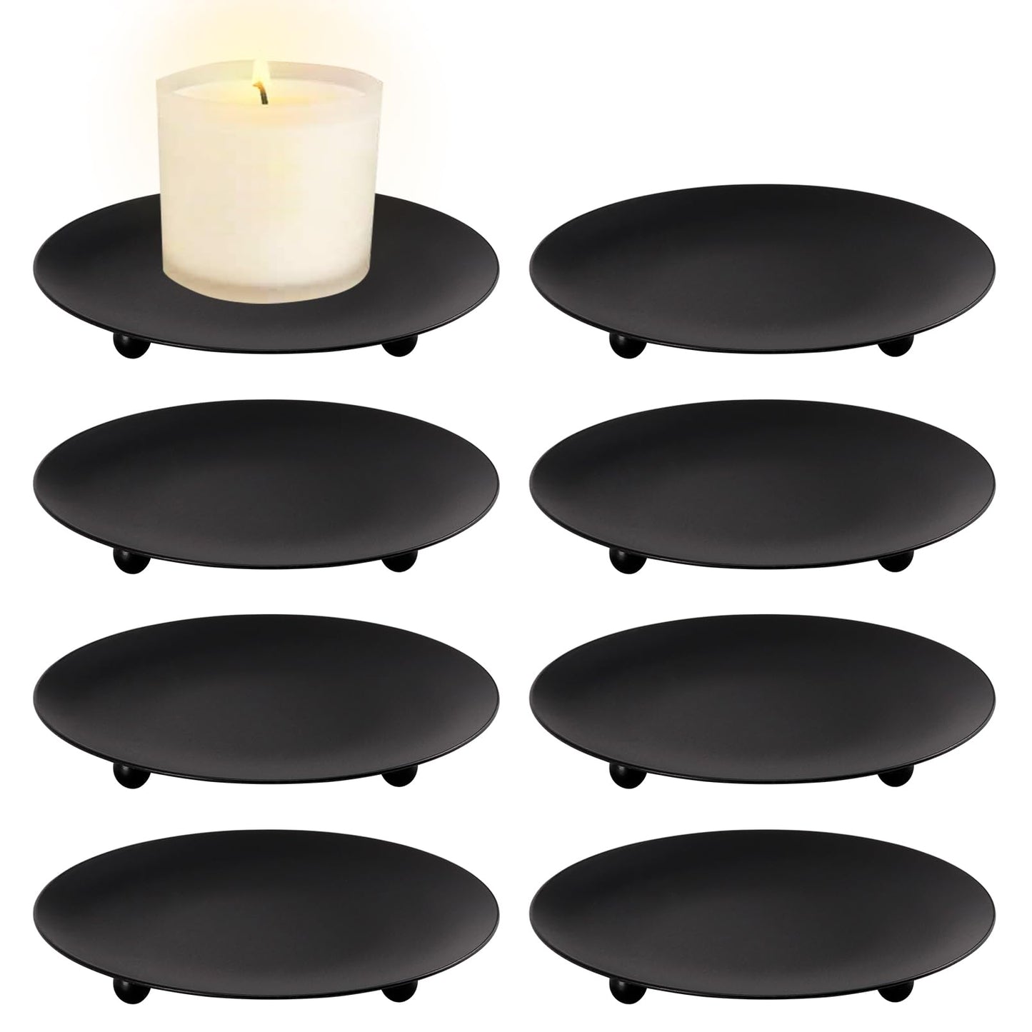 JEFHOMKIT Iron Plate Candle Holder Set of 8,Black Candle Stand Plate,4 Inch Candle Holders for LED & Wax Candles,Decorative Pillar Candle Plate for Valentines Weddings Party Decorations