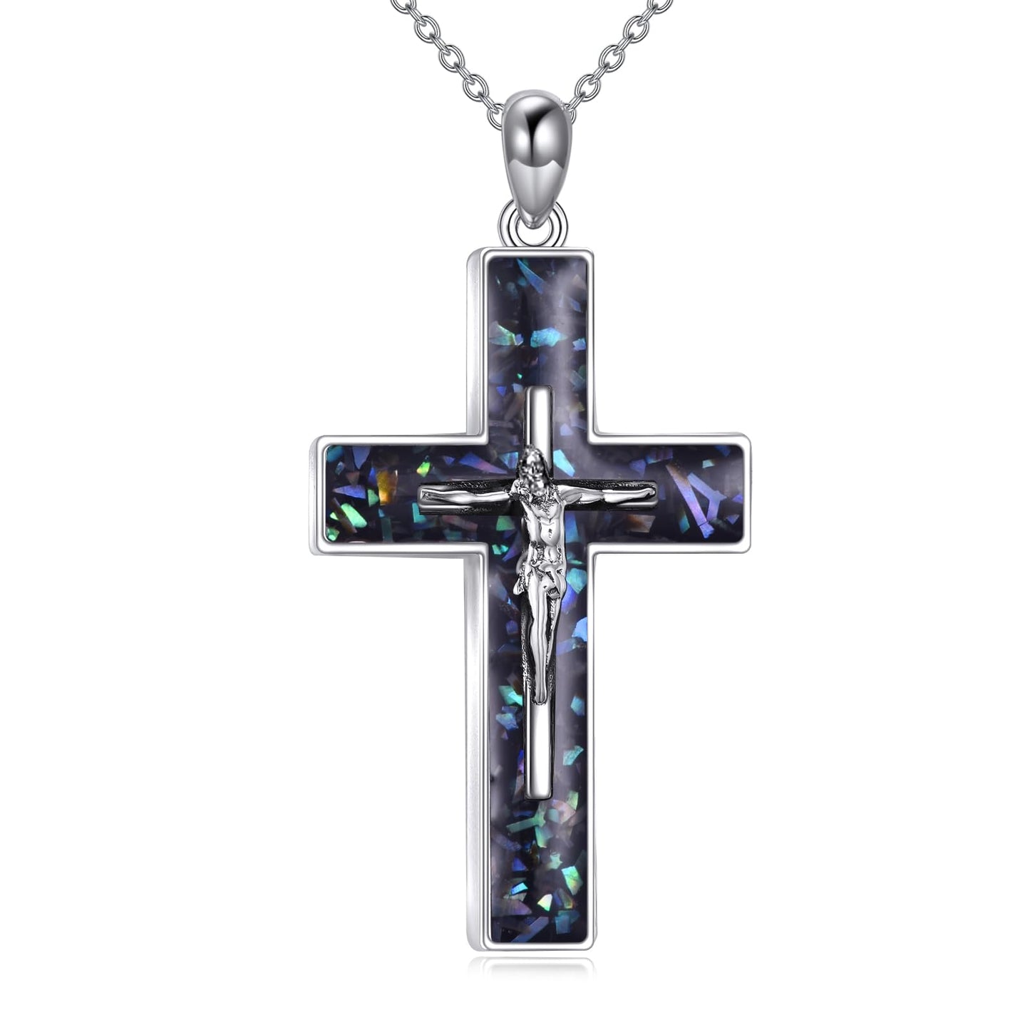 YFN Crucifix Cross Necklace Sterling Silver Jesus Cross Pendant Abalone Shell Jewelry Christian Gifts for Women Men