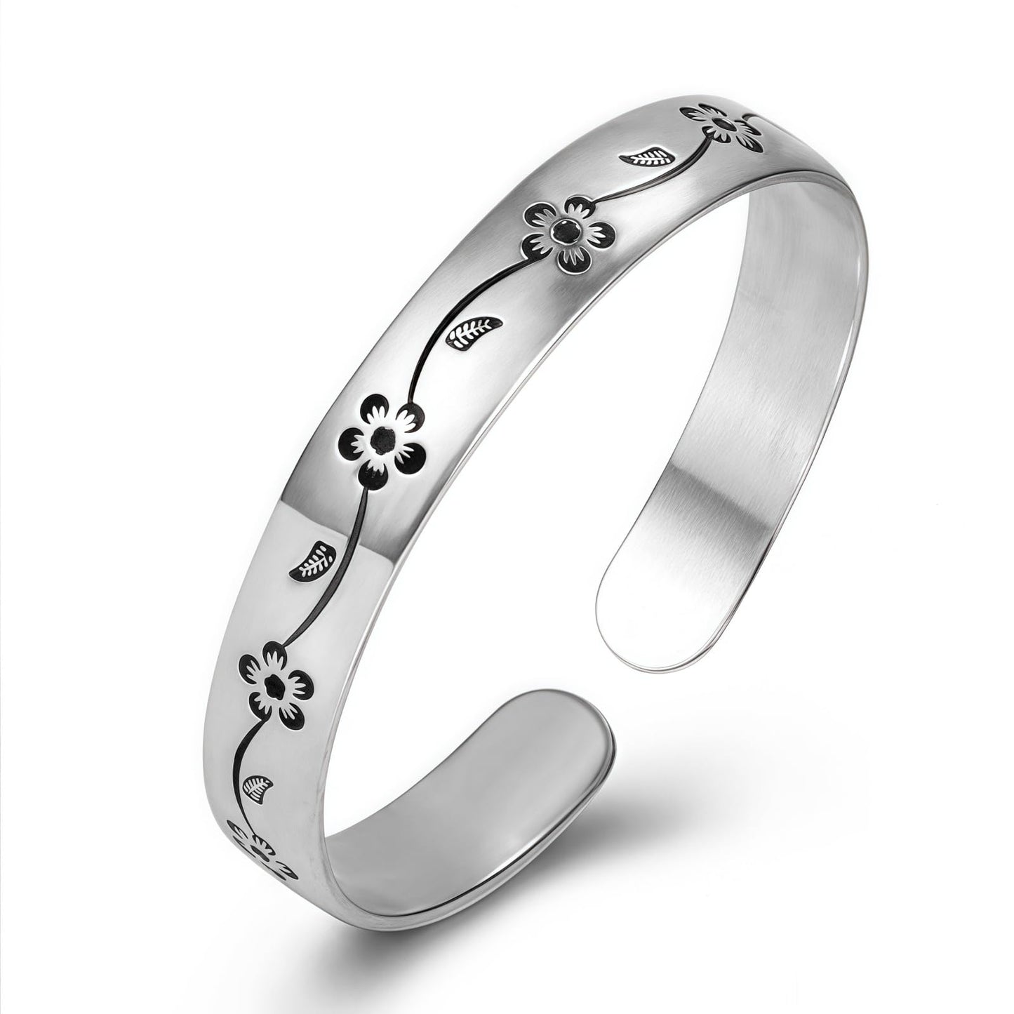 Chunky Wide S925 Sterling Silver Bangle Bracelet for Women Pretty Handmade Floral Open Cuff Bracelet Simple Elegant Adjustable Silver Cuff Bangles Trendy Womens Jewelry Birthday Holiday Acessories