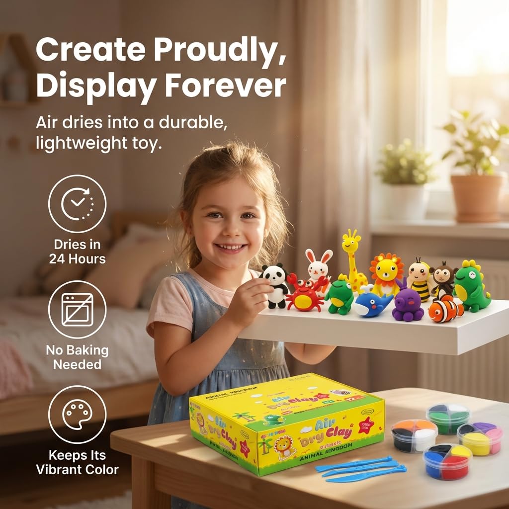 Obvio Home Air Dry Clay for Kids - 12 Animal Designs Modeling Clay Kit - Model Sculpting Set, Ultra Soft Safe & Non-Sticky | DIY Crafts, School Projects & Party Favors for Boys & Girls