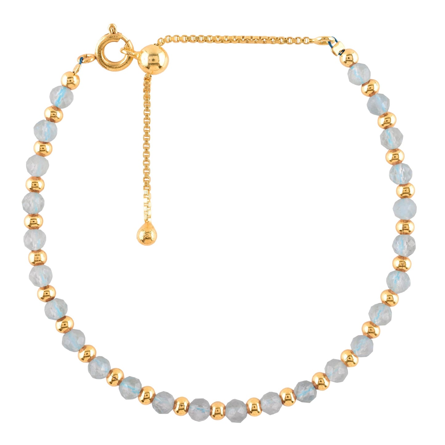 InfinityGemsArt Aquamarine Bracelets For Women March Birthstone Blue Beaded Stone Bolo Slider Chakra Healing Crystals Gemstones 14K Gold Plated Adjustable Chain, Dainty Lightweight Jewelry For Her
