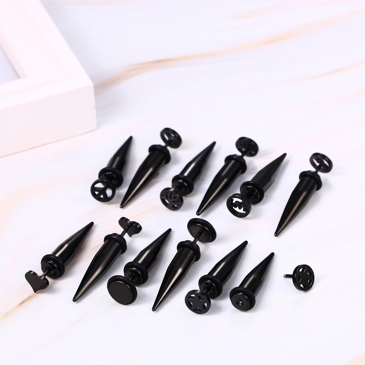 Aroncent 6PCS Stainless Steel Fake Taper Earrings for Men Women Punk Style Spike Hoop Earrings Stud Earrings Fake Plug Earrings Piercing Jewelry