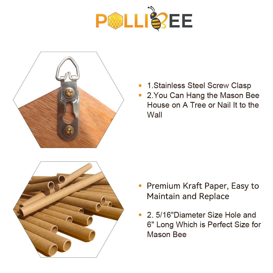 Mason Bee House - Handmade Natural Wooden Bee Hive Coated with Wax for Water-Proof and Long Service Life - Attracts Peaceful Bee Pollinators to Your Garden, Bee Houses for Garden