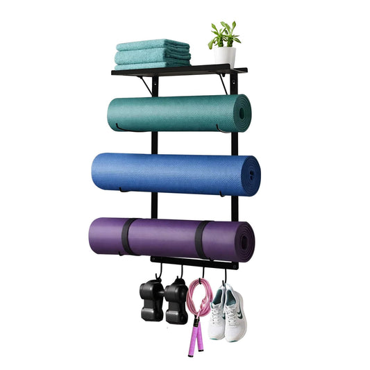 Avoirdus Yoga Mat Holder Wall Mount, Wall Mounted Yoga Mat Storage Rack with Shelf & Hooks, Home Gym Yoga Accessory Organizer for Mats, Foam Roller, Bands & Workout Equipment